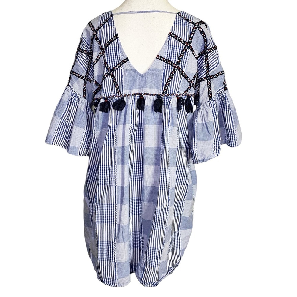 Maeve Blue and White Plaid Patchwork Mini Dress - Picture 2 of 16